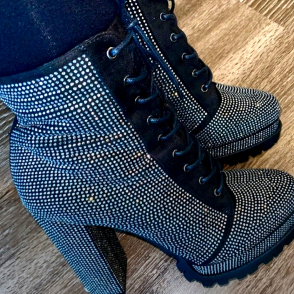 Black rhinestone embellished chunky heel platform boots booties